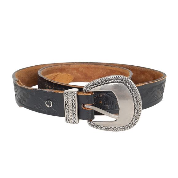 Vintage 90s Tooled Leather Belt Black Distressed Mens 40 Western Wear Boho Aztec - Picture 1 of 8